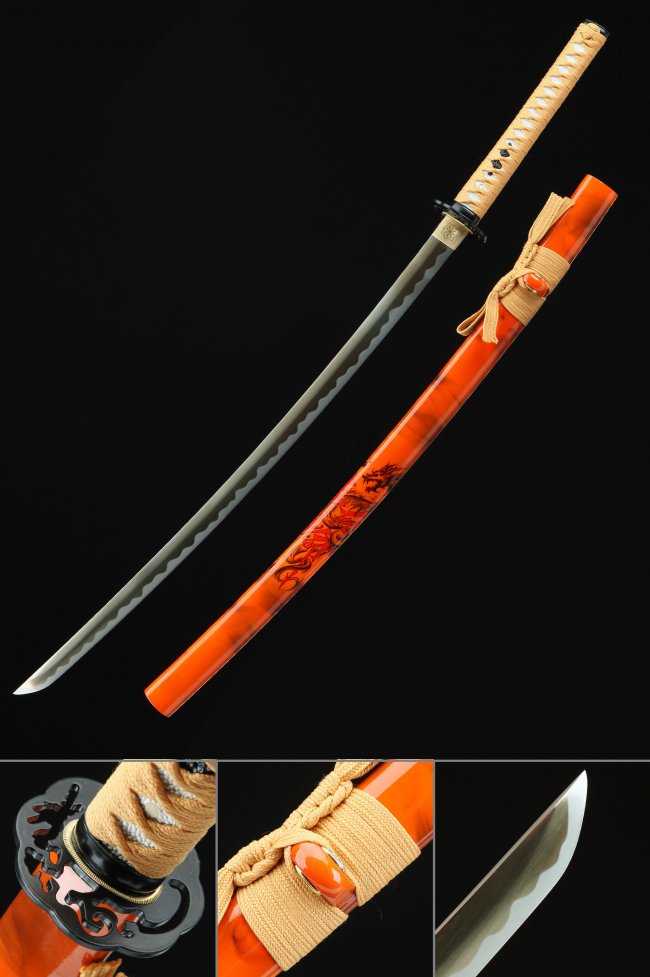 Spring Steel Katana with Orange Dragon Saya and Flame Tsuba - Full Tang Collectible Sword