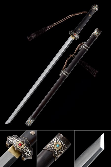 Handmade Chinese Tang Dao Sword Pattern Steel With Black Wood Saya