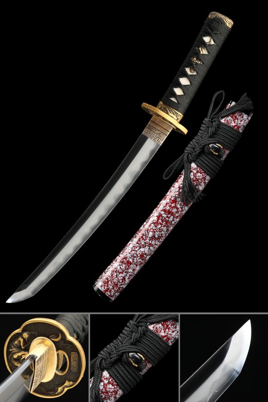 T10 Carbon Steel Tanto with Red-White Marble Saya - Gold Crane Tsuba, Black Cord Handle