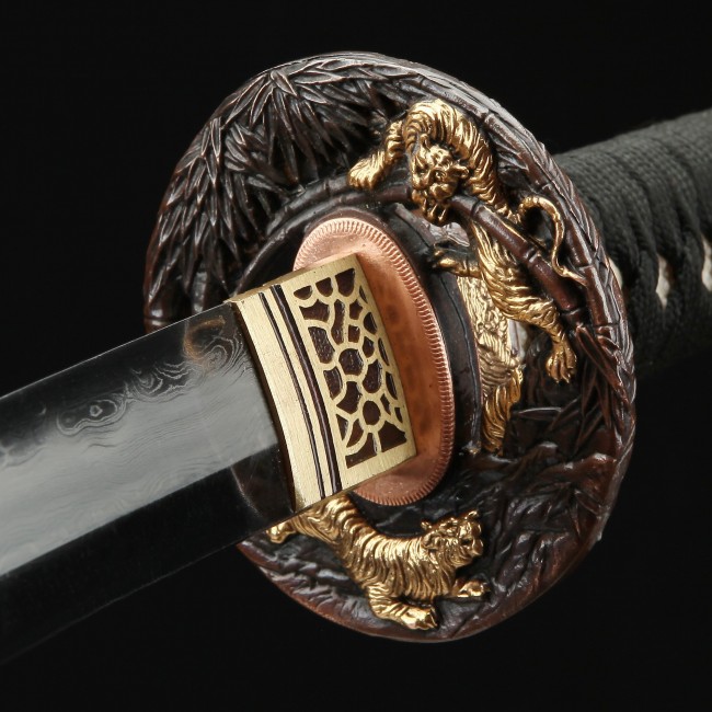 Damascus Steel Clay Tempered Katana with Real Hamon and Gold Tiger Tsuba in Black Saya