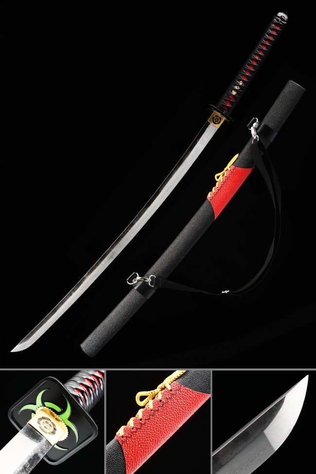 Damascus Steel Katana with Black-Red PU Leather Saya - Full Tang Folded Blade, Gold Sageo