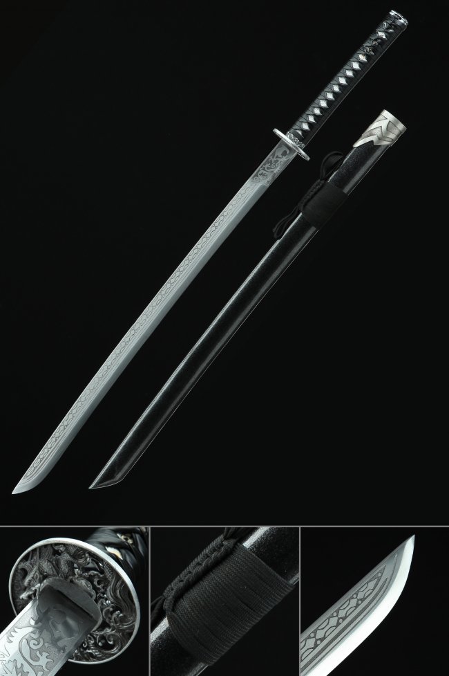 Sakabato Reverse Blade Katana in Manganese Steel with Dragon Tsuba and Black Saya - Full Tang Rurouni Kenshin Sword
