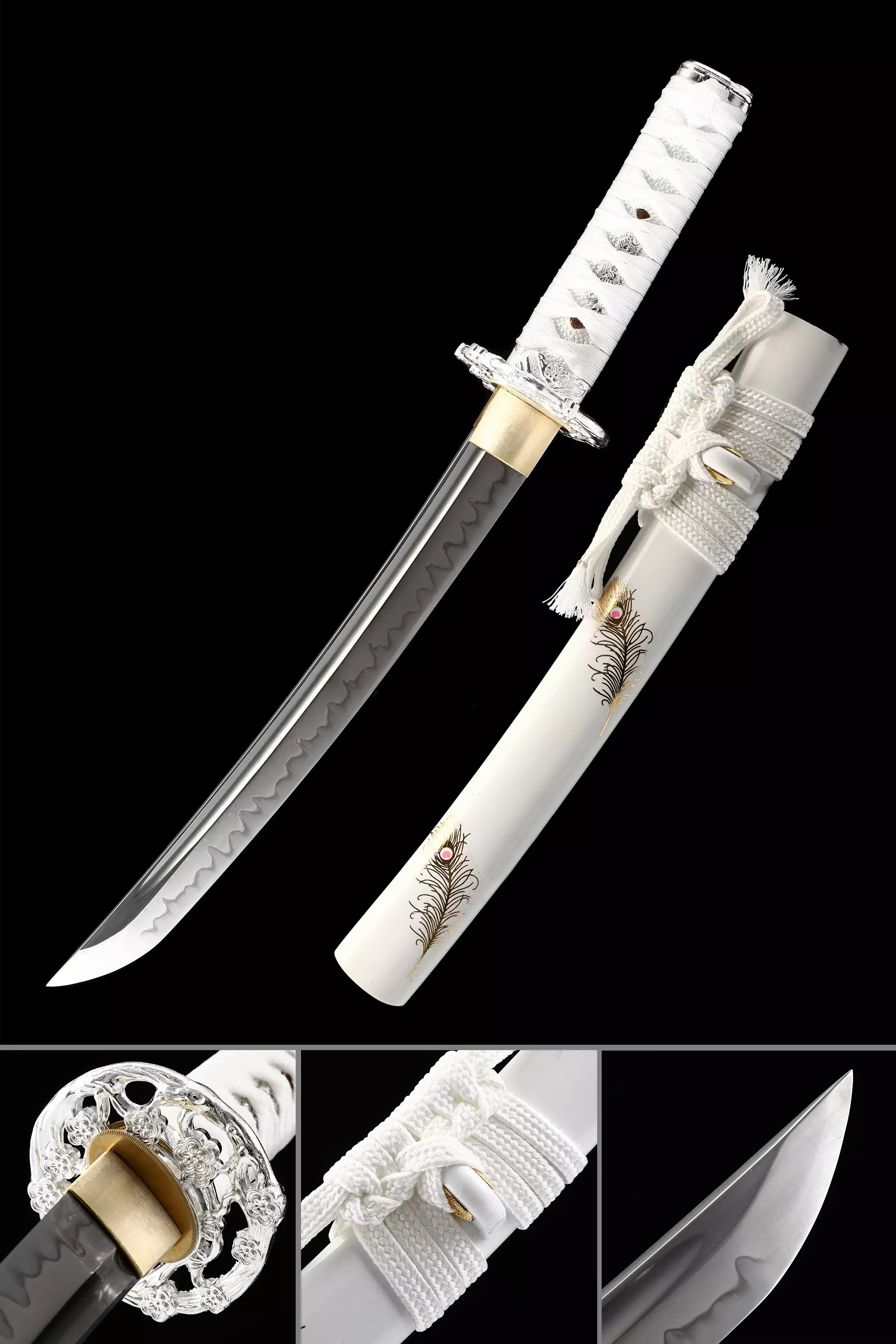 Tanto Blanc | Épée Tanto Japonaise Faite à La Main Avec Fourreau En Cuir Blanc