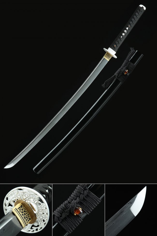 Damascus Steel Katana with White Flower Tsuba, Black Lacquer Saya & Gold Habaki