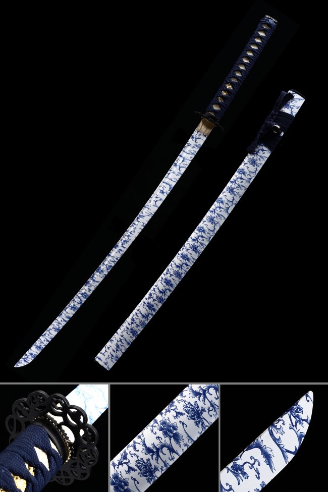 Marble Blade Aluminum Practice Katana - Unsharpened 41-Inch, White Scabbard, Dark Blue Handle, Cosplay