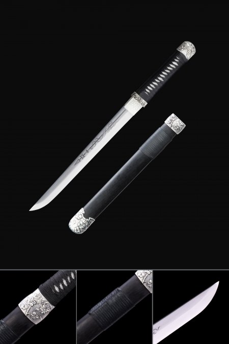Handmade Stainless Steel Real Japanese Short Hamidashi Tanto Swords With Blackwood Scabbard