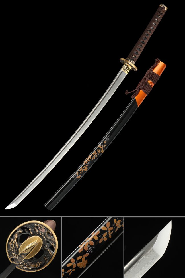 Damascus Steel Katana with Dragon Tsuba in Black-Orange Lacquer Saya - Brown Cord Handle