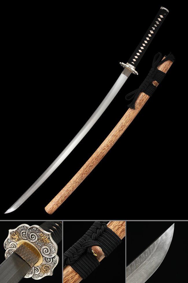 Damascus Steel Katana with Wenge Wood Saya in Natural Brown - Ornate Scroll Tsuba, Black Ito