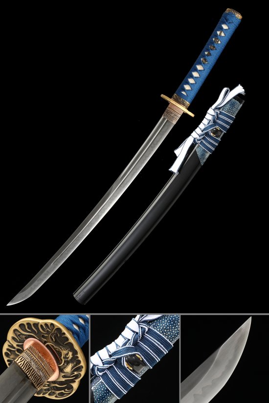 T10 Carbon Steel Wakizashi with Hamon Blade in Blue Ito - Dragon Tsuba, Black Lacquer Saya