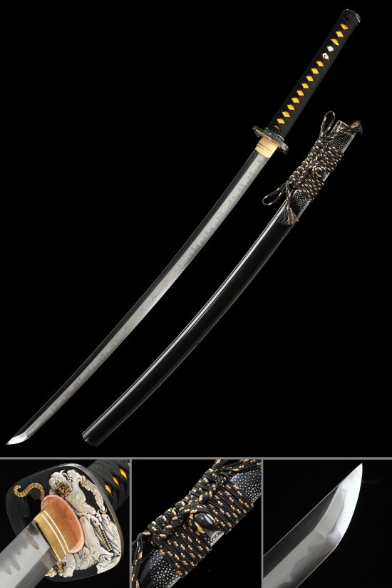 Dragon Tsuba T10 Carbon Steel Katana, Handmade, Black Saya & Black Gold Tsuka