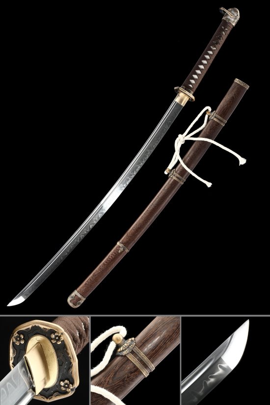 T10 Carbon Steel Shin Gunto Katana with Wave-Engraved Blade - Brown Hardwood Saya, Flower Tsuba