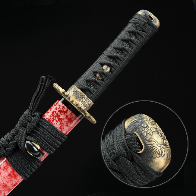 103.48cm未研磨刀カタナ剣レッドドラゴンブレードディスプレイ Red Katana | T10 Steel Red Katana with Feather-Engraved Blade and