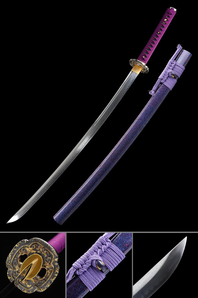 T10 Carbon Steel Katana with Purple Lacquered Saya - Ornate Gold-Black Tsuba, Purple Ito