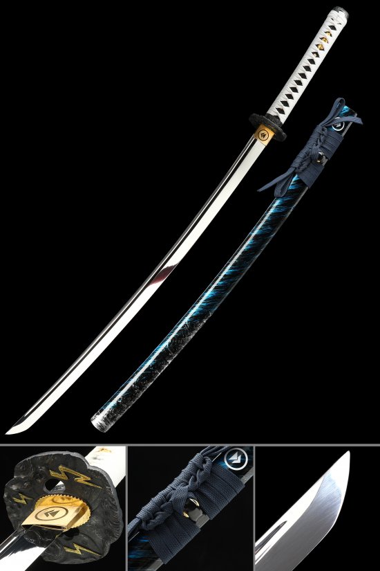 1095 Carbon Steel Katana with Black-Blue Lightning Saya, White Ito & Black-Gold Tsuba - Zenitsu Style