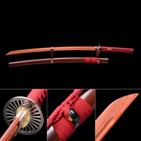 Handmade Rosewood Wooden Blade Unsharpened Katana Sword With Dark Red Scabbard And Alloy Tsuba