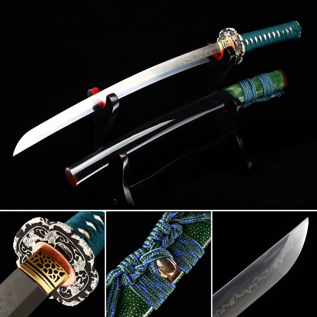 T10 Clay Tempered Katana with Real Hamon in Black Lacquer Saya - Green Ito, Flower Tsuba