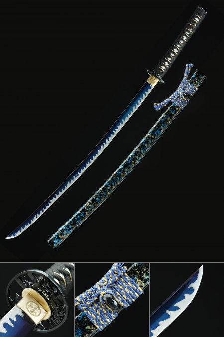 Blue Blade Katana, Handmade Japanese Samurai Sword Spring Steel With Blue Scabbard