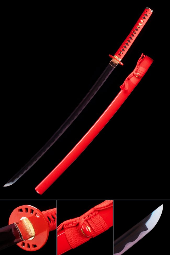 1045 Carbon Steel Katana With Purple Blade And Red Piano Lacquer Saya - Full Tang Collectible Sword
