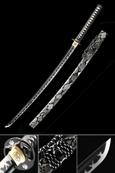 Espada Samurai Japonesa Hecha A Mano Acero De Alto Manganeso Con Hoja Negra Y Vaina De Cuero