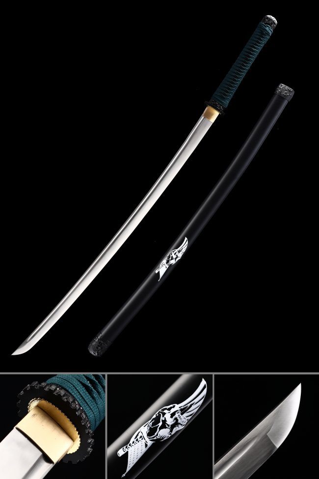 1065 Carbon Steel Katana with Teal Cord Handle - Black Lacquer Saya, Skull Art, Gold Tsuba