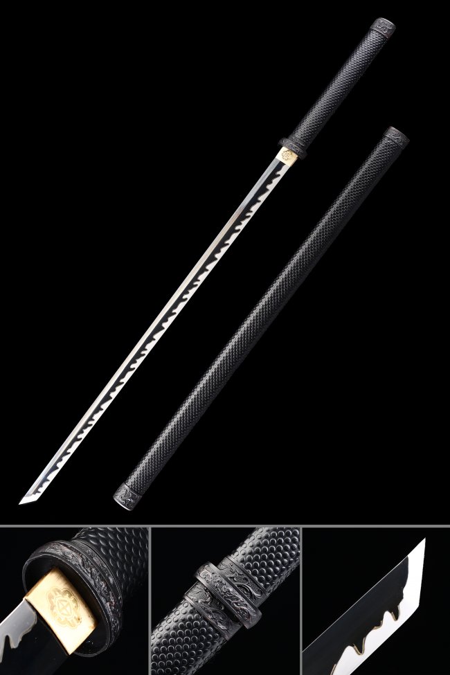 Manganese Steel Ninjato with Serrated Spine, Black Cord Handle & Gold Tsuba - 41 in. Ninja Sword