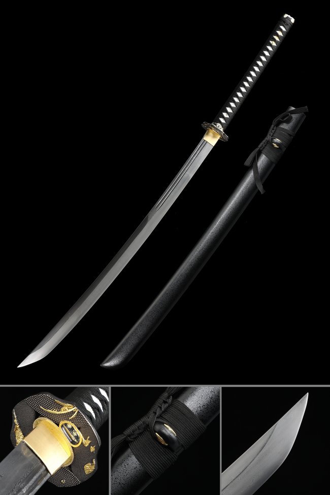 Damascus Naginata - Handcrafted Pattern Steel, Black Lacquer Saya, Full Tang, 118cm