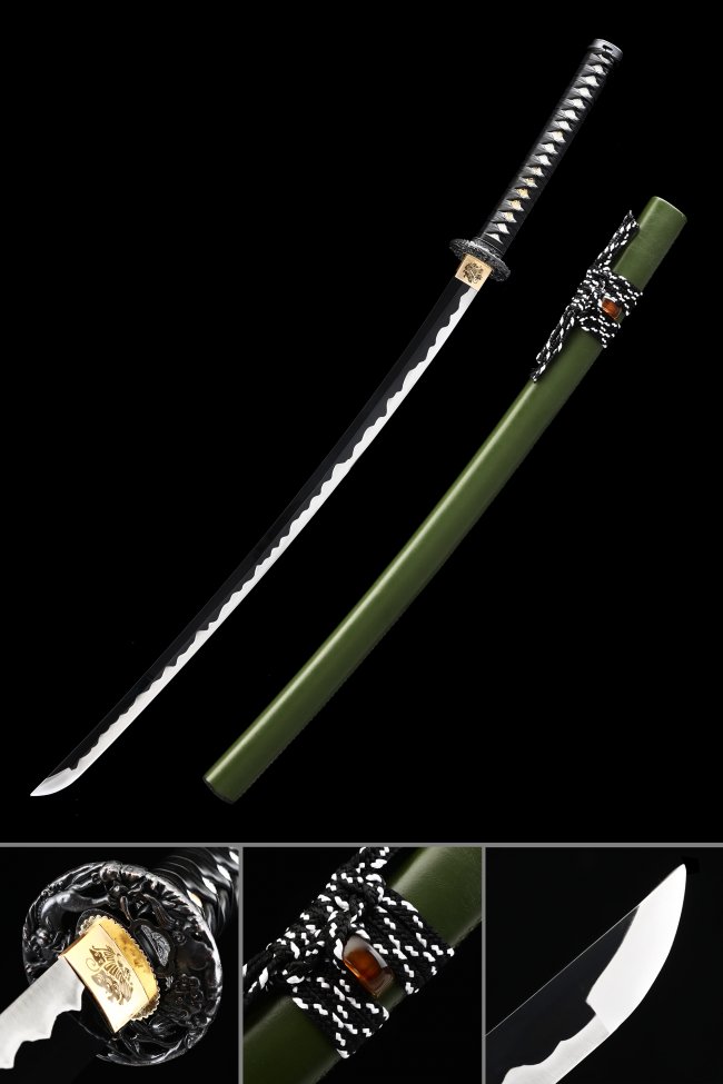Manganese Steel Katana with Dark Green Lacquer Saya - Dragon Tsuba, Black-White Sageo