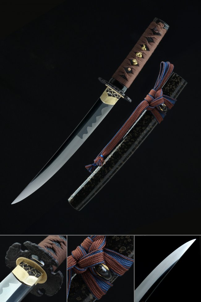 T10 Carbon Steel Tanto with Real Hamon - Clay Tempered Full Tang, Black Saya, Brown Cord Handle