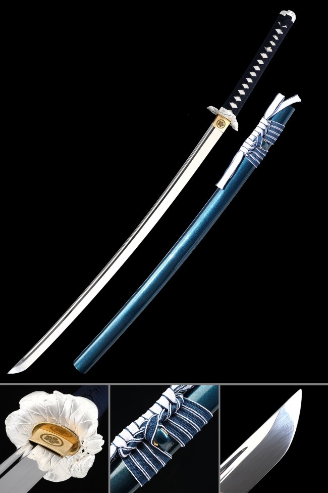 Full Tang 1095 Carbon Steel Katana, Hand Forged, Teal Saya & Black White Tsuka