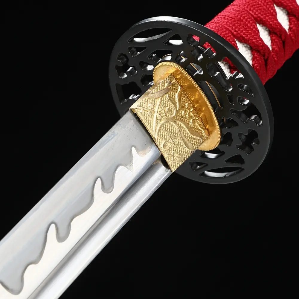 Black And Red Katana | Ornate Scroll Tsuba 1095 Carbon Steel