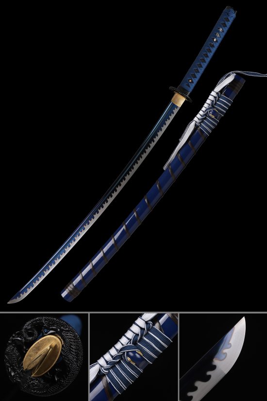 1090 Carbon Steel Blue Blade Katana with Dragon Tsuba - Blue Hardwood Saya