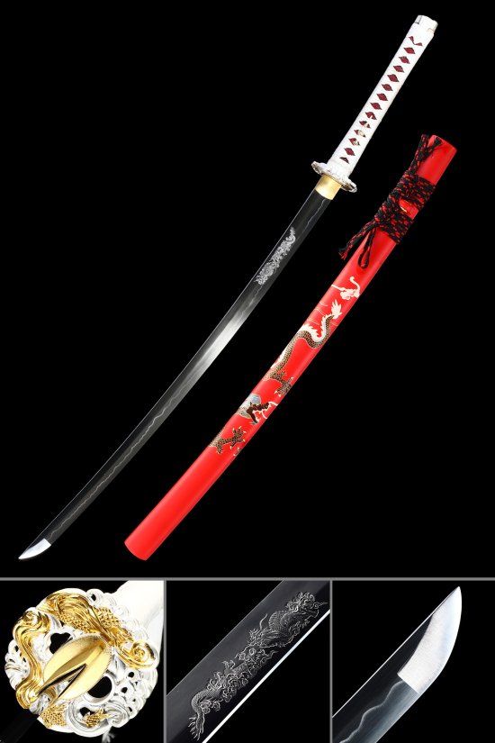 1090 Carbon Steel Katana with Red Dragon Saya - Full Tang Samurai Sword in White Ito