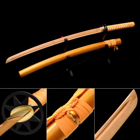 Handmade Natural Bamboo Wooden Blunt Unsharpened Blade Katana Sword With Orange Scabbard