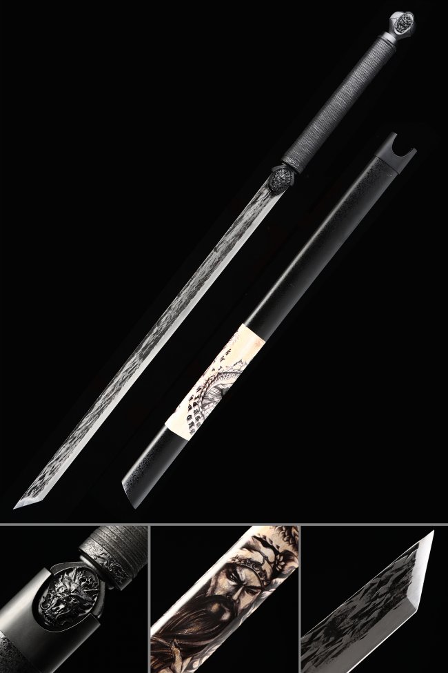 Manganese Steel Ninjato with Lion Tsuba in Black Lacquer Saya - Manga Art Handle, 44 IN
