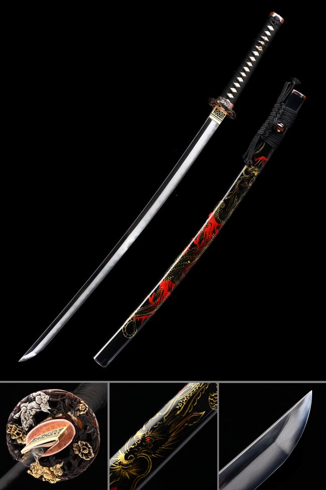1000-Layer Folded Steel Katana with Dragon-Painted Red-Black Saya and Carved Tsuba