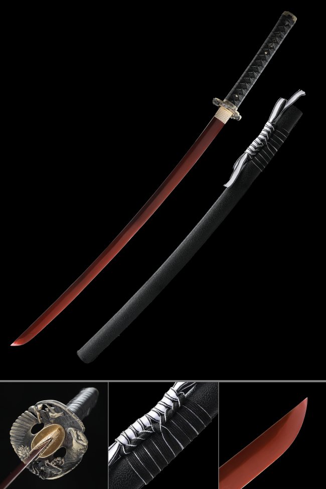 Spring Steel Katana with Red Blade, Black PU Leather Saya & Dragon Tsuba
