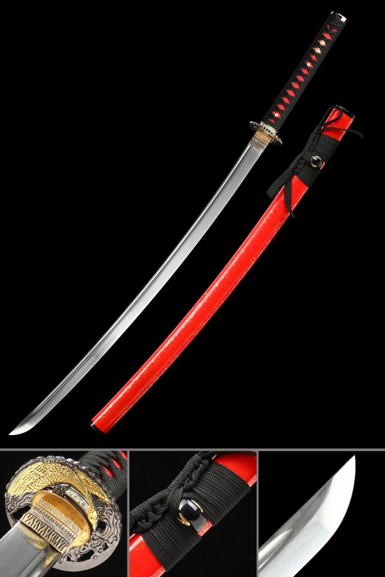 1095 Carbon Steel Katana with Real Hamon in Red Lacquered Hardwood Saya - Black & Red Koshirae