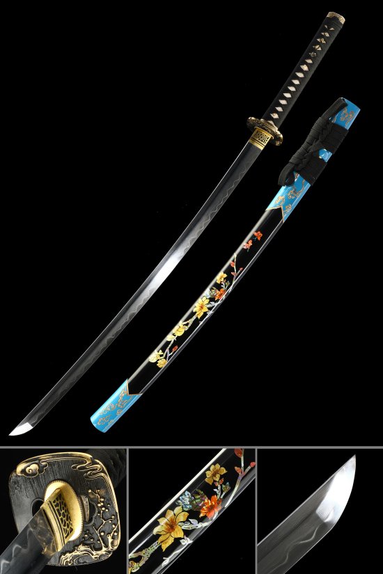 Full Tang Folded Melaleuca Steel Katana with Hand-Painted Black-Teal Floral Saya and Gold-Black Cloud Tsuba