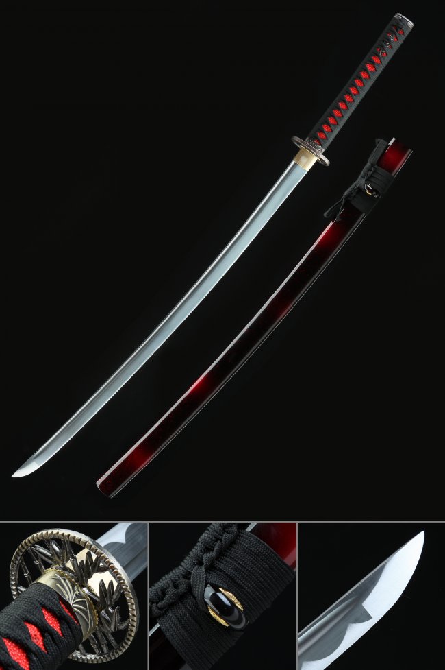 1045 Carbon Steel Katana with Deep Red Piano Lacquer Saya and Bamboo Tsuba - Black and Red Full Tang Sword