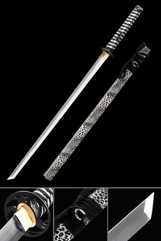 Manganese Steel Ninjato with Leopard Print Saya - Chokuto Straight Blade, Black & White Ito