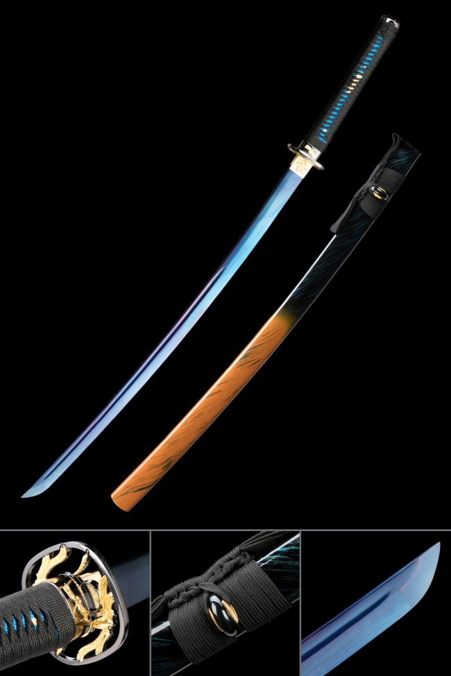 1060 Carbon Steel Katana with Blue Blade & Dragonfly Tsuba - Black-Blue Tsuka