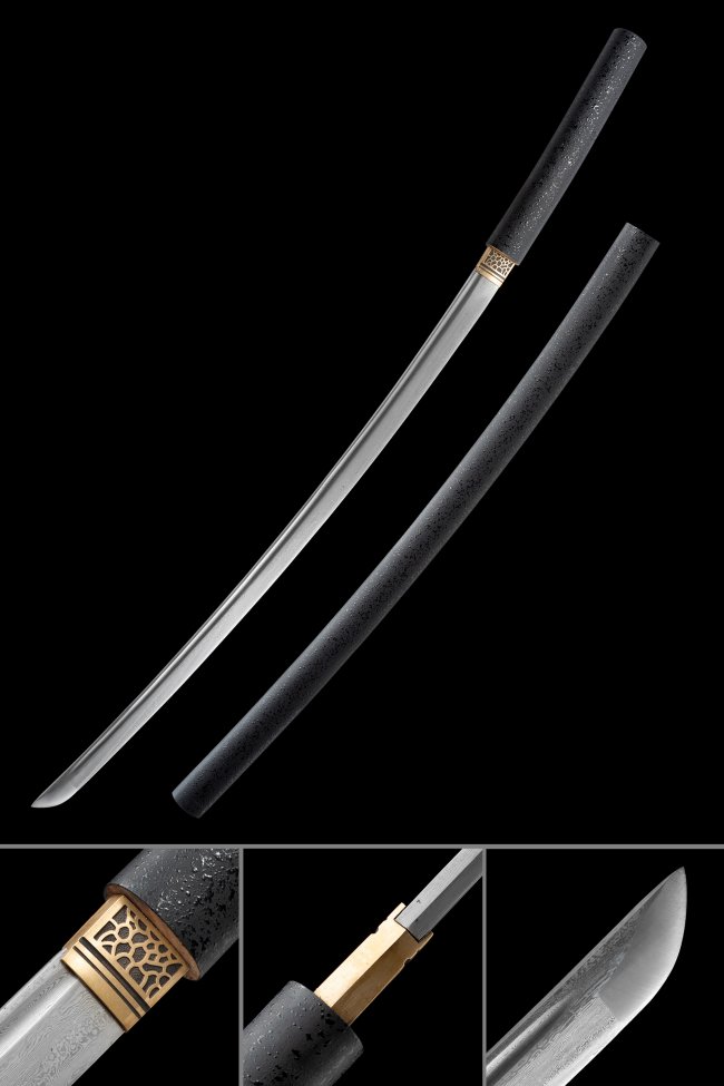 Damascus Steel Shirasaya Katana in Black Lacquer Saya with Gold Geometric Tsuba, Full Tang