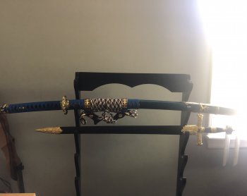 Japanese Tachi Odachi Sword With Damascus Steel With Blue Scabbard