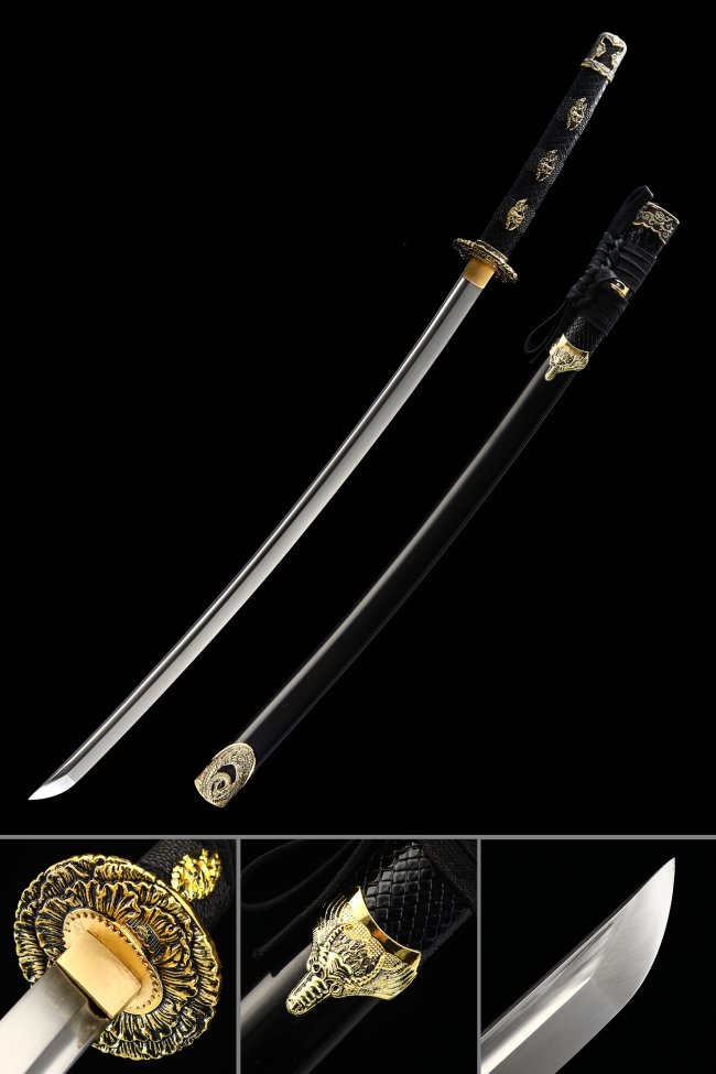 Manganese Steel Katana with Gold Chrysanthemum Tsuba - Black Saya & Wolf Kashira