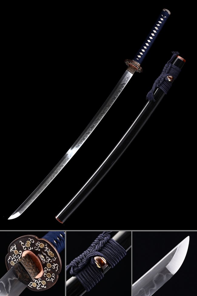 T10 Carbon Steel Katana with Real Hamon, Blue Cord Handle & Chrysanthemum Tsuba - Black Lacquer Saya