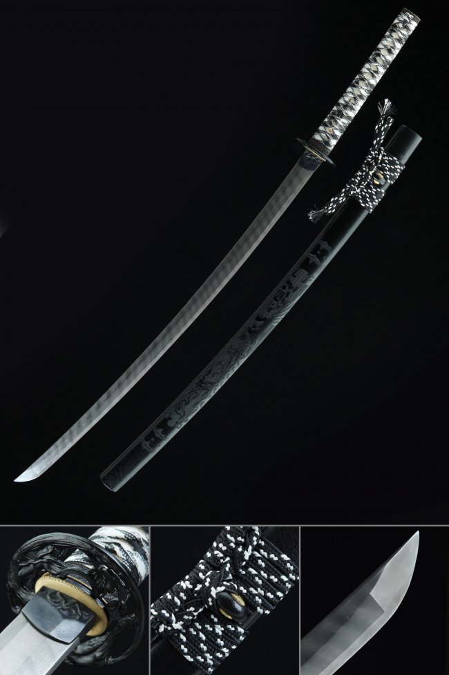 Damascus Steel Katana with Dragon-Carved Black Saya - Full Tang, Black & White Ito