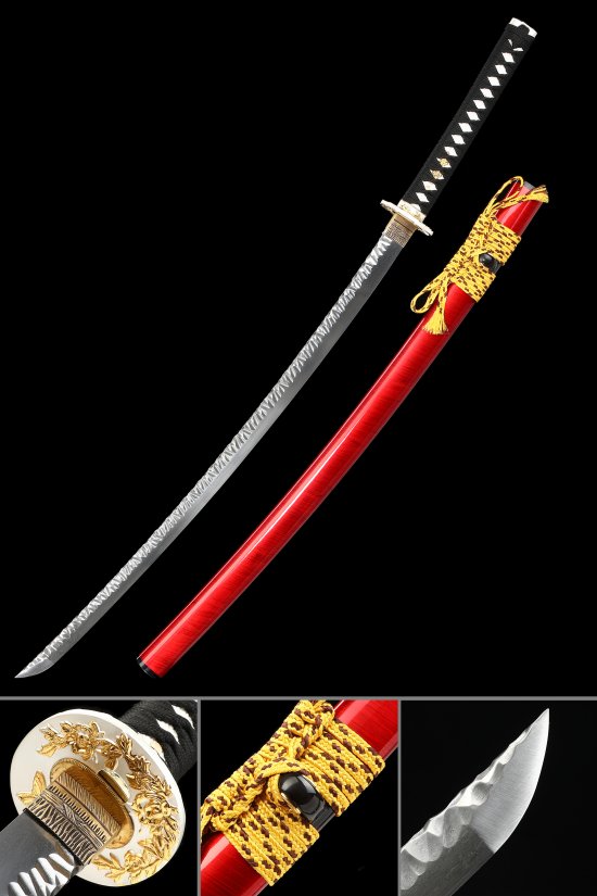 Damascus Steel Katana with Flower Tsuba in Red Lacquer Saya - Black & White Ito, Gold Sageo