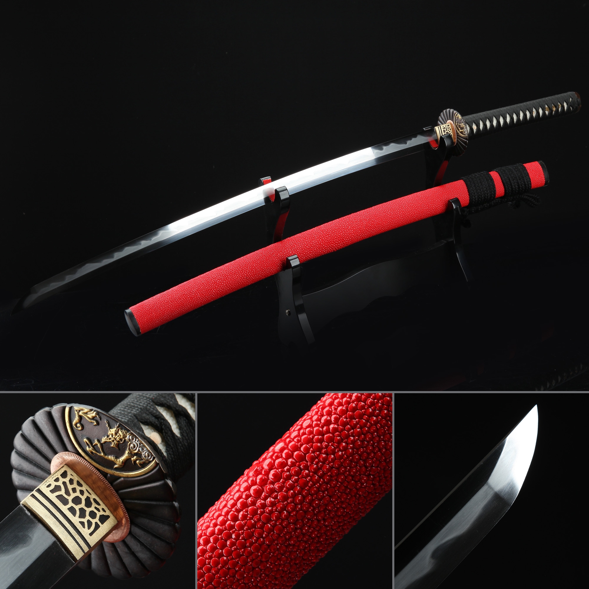 Red Rayskin Forged T10 Steel Clay Tempered Real Hamon Katana Samurai ...