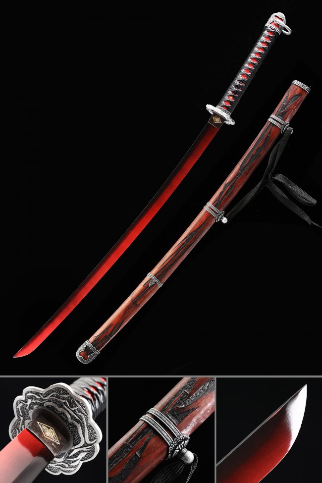 Sekiro Katana Sword - 1045 Steel Red Blade with Orchid Alloy Tsuba in Hardwood Saya