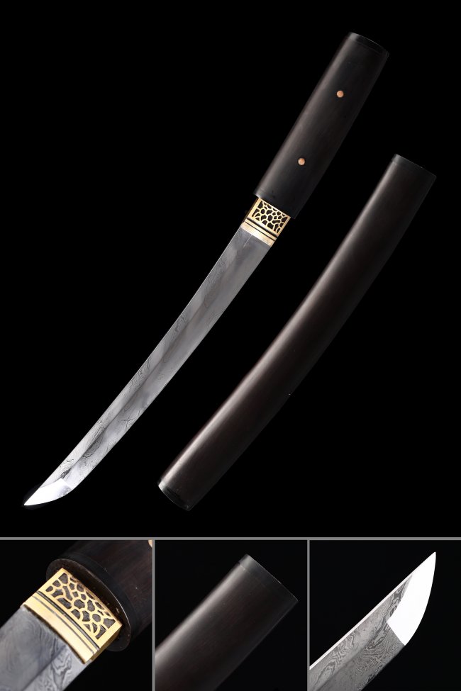 Damascus Steel Shirasaya Tanto with Ebony Handle and Gold Habaki - Black Piano Lacquer Saya